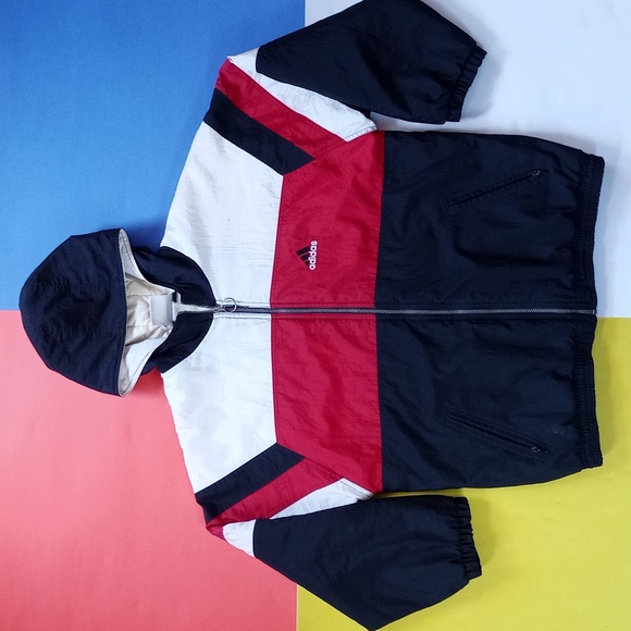 Vintage 90s Adidas Essential Striped Winter Jacket With Hood RED/White/BLACK - Picture 2 of 15